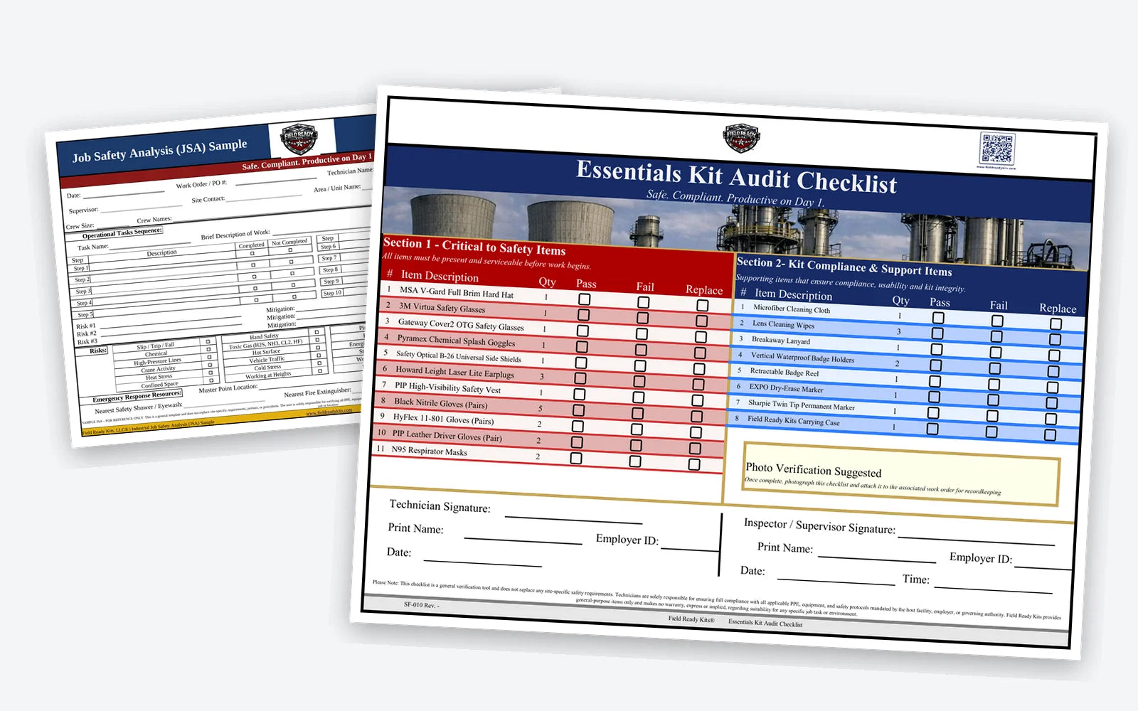 Field Ready Kits laminated Essentials Kit Audit Checklist (SF-010) in front of the laminated Sample Job Safety Analysis (JSA)